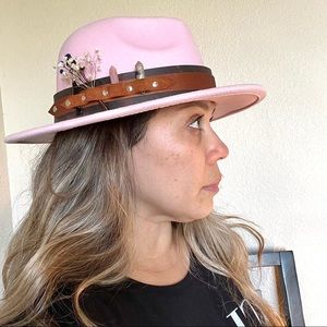 Handmade Bandolier fedora hat with crystal bullets obsidian arrowhead and floral